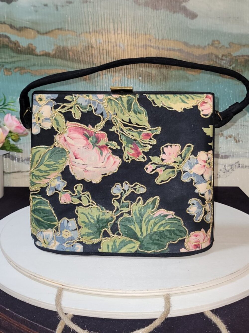 Garay Black with Blue, Green, Pink, Red Flower / Foliage Background  [Item #HV03